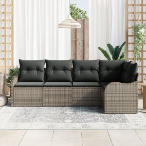 5-elementowy zestaw sof ogrodowych vidaXL z poduszkami Szary Poli Rattan, 2-osobowa sofa ogrodowa vidaXL z poduszkami Szary Poli Rattan 3