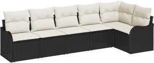 Zestaw 6-elementowej sofy ogrodowej z poduszkami czarny polirattan, 2-osobowa sofa ogrodowa z poduszkami czarny polirattan 2
