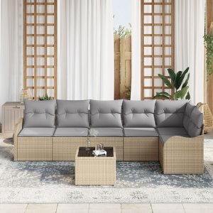 Zestaw 7-częściowy sofy ogrodowej z poduszkami czarny rattan, 2-osobowa sofa ogrodowa z poduszkami beżowy rattan 3