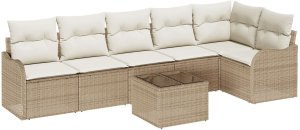 vidaXL 7-częściowy zestaw sofa ogrodowa z poduszkami brązowy rattan polirattanowy, 2-osobowa sofa ogrodowa z poduszkami beżowy rattan polirattanowy 2