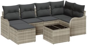 vidaXL 7-częściowy Zestaw Sofy Ogrodowej z Poduszkami Szary Polirattan, 2-osobowa Sofa Ogrodowa z Poduszkami Jasnoszary Polirattan 2