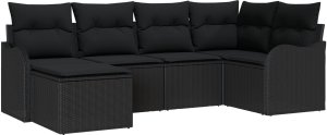 vidaXL Zestaw 6 częściowych sof ogrodowych vidaXL z poduszkami Czarny polirattan, 2-osobowa sofa ogrodowa vidaXL z poduszkami Czarny polirattan 2