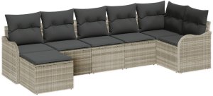 vidaXL Zestaw 7-częściowy sof ogrodowych z poduszkami jasnoszary polirattan, 2-osobowa sofa ogrodowa z poduszkami jasnoszary polirattan 2