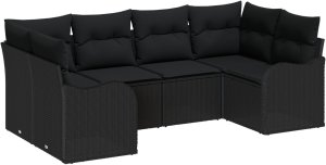 vidaXL Zestaw 6-elementowy sofy ogrodowej vidaXL z poduszkami czarny polirattan, Sofa ogrodowa 2-osobowa vidaXL z poduszkami czarny polirattan 2