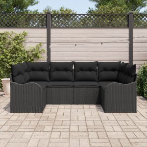 vidaXL Zestaw 6-elementowy sofy ogrodowej vidaXL z poduszkami czarny polirattan, Sofa ogrodowa 2-osobowa vidaXL z poduszkami czarny polirattan 3