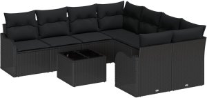 vidaXL 9 Częściowy Zestaw Sofy Ogrodowej z Poduszkami Czarny Poli Rattan, vidaXL 2-osobowa Sofa Ogrodowa z Poduszkami Czarny Poli Rattan 2