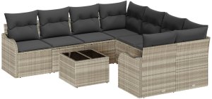 vidaXL 9-częściowy zestaw sofy ogrodowej z poduszkami jasnoszary polirattan, 2-osobowa sofa ogrodowa z poduszkami jasnoszary polirattan 2