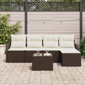 vidaXL 5-częściowy zestaw sofy ogrodowej z poduszkami szary poli rattan, Sofa ogrodowa 2-osobowa z poduszkami brązowy poli rattan 3
