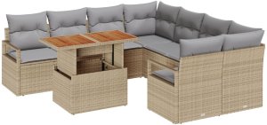 Sofa ogrodowa 9-częściowa z poduszkami beżowy poli rattan akacjowy, Sofa ogrodowa 2-osobowa z poduszkami beżowy poli rattan 2