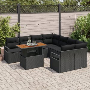 vidaXL 9-częściowy zestaw kanap ogrodowych z poduszkami Czarny Polirattan Akacja, vidaXL 2-osobowa sofa ogrodowa z poduszkami Czarny Polirattan 2