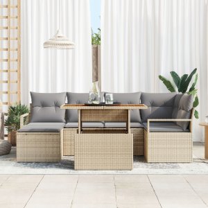 vidaXL 7-częściowy zestaw kanap ogrodowych z poduszkami Beżowy Rattan Poliester, vidaXL 2-osobowa sofa ogrodowa z poduszkami Beżowy Rattan 2