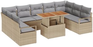 Zestaw mebli ogrodowych vidaXL 10-częściowy z poduszkami Beżowy Polirattan Akacja, Sofa ogrodowa 2-osobowa vidaXL z poduszkami Beżowy Polirattan 2