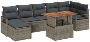 8-częściowy zestaw kanap ogrodowych z poduszkami szary poli rattan akacja, 2-osobowa sofa ogrodowa z poduszkami szary poli rattan 2