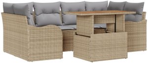 vidaXL 7-częściowy zestaw sof ogrodowych z poduszkami beżowy polirattan akacja, 2-osobowa sofa ogrodowa z poduszkami beżowy polirattan 2