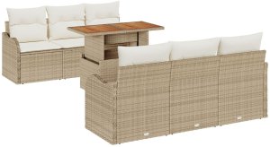 vidaXL 7-częściowy zestaw sof ogrodowych z poduszkami beżowy rattan poli akacja, vidaXL 2-osobowa sofa ogrodowa z poduszkami beżowy rattan poli 2