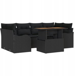 7-częściowy zestaw sof ogrodowych z poduszkami czarny poli rattan akacjowy, Dwuosobowa sofa ogrodowa z poduszkami czarny poli rattan 2
