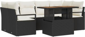 vidaXL Zestaw 7-częściowy sof ogrodowych z poduszkami Czarny Poli Rattan Akacja, vidaXL Dwumiejscowa sofa ogrodowa z poduszkami Czarny Poli Rattan 2