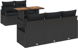 Zestaw sof ogrodowych 6 części z poduszkami czarny polirattan akacja, Sofa ogrodowa 2-osobowa z poduszkami czarny polirattan 2