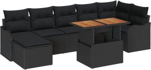 8-elementowy zestaw sof ogrodowych z poduszkami Czarny Polirattan Akacja, 2-osobowa sofa ogrodowa z poduszkami Czarny Polirattan 2