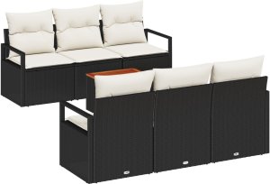vidaXL Zestaw sofy ogrodowej 7-częściowy z poduszkami Czarny Polirattan Akacja, Sofa ogrodowa dla 2 osób z poduszkami Czarny Polirattan 2