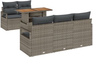 vidaXL Zestaw Sofy Ogrodowej 6 Części z Poduszkami Szary Polirattan Akacja, Sofa Ogrodowa 2-osobowa z Poduszkami Szary Polirattan 2