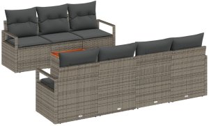 Zestaw ogrodowy vidaXL 7-częściowy z poduszkami Szary Poli Rattan Akacja, Sofa ogrodowa vidaXL 2-osobowa z poduszkami Szary Poli Rattan 2