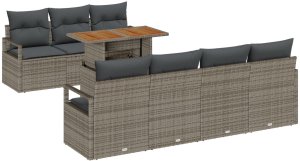 Zestaw 8-częściowy sofa ogrodowa z poduszkami szary polirattan akacja, Zestaw 2-osobowy sofa ogrodowa z poduszkami szary polirattan 2