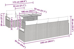 Zestaw 8-częściowy sofa ogrodowa z poduszkami szary polirattan akacja, Zestaw 2-osobowy sofa ogrodowa z poduszkami szary polirattan 10