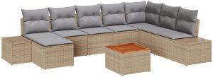 vidaXL Zestaw 9-częściowy sofy ogrodowej z poduszkami Beżowy PE rattan Akacja 2