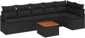 Zestaw kanap ogrodowych vidaXL 7 części z poduszkami czarny poli rattan akacja, Dwuosobowa sofa ogrodowa vidaXL z poduszkami czarna poli rattan 2