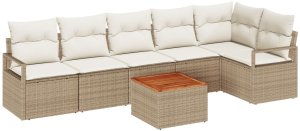 Zestaw sofy ogrodowej vidaXL w 7 częściach z poduszkami Beżowy Poli Rattan Akacja, Dwuosobowa sofa ogrodowa vidaXL z poduszkami Beżowy Poli Rattan 2