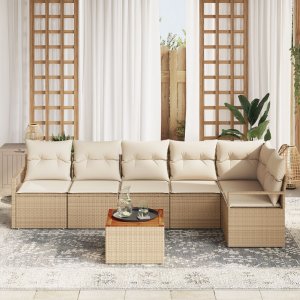 Zestaw sofy ogrodowej vidaXL w 7 częściach z poduszkami Beżowy Poli Rattan Akacja, Dwuosobowa sofa ogrodowa vidaXL z poduszkami Beżowy Poli Rattan 3