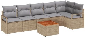 Zestaw sof ogrodowych vidaXL w 7 częściach z poduszkami beżowy polirattan akacja, Dwuosobowa sofa ogrodowa vidaXL z poduszkami beżowa polirattan 2