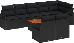 Zestaw ogrodowy 9-częściowy z poduszkami czarny polirattan akacja, 2-osobowa sofa ogrodowa z poduszkami czarny polirattan 2