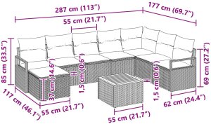 Zestaw Sofy Ogrodowej vidaXL 9 Elementów z Poduszkami Szary Polirattan Akacja, Sofa Ogrodowa vidaXL 2 Osobowa z Poduszkami Szary Polirattan 9