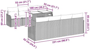 Zestaw sofy ogrodowej vidaXL 9 częśći z poduszkami Beżowy Polirattan, Zestaw sofy ogrodowej vidaXL 2-osobowej z poduszkami Beżowy Polirattan 10
