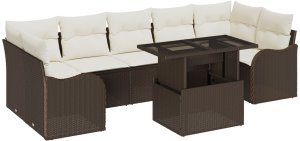 Zestaw 8-częściowy sofy ogrodowej z poduszkami Brązowy Poli Rattan, Sofa ogrodowa dwuosobowa z poduszkami Brązowy Poli Rattan 2