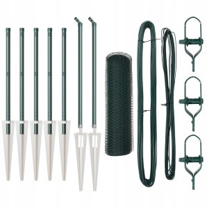 vidaXL Ogrodzenie hexagonalne Zielone 0.5x10 m Stal, vidaXL Słupki ogrodzeniowe z kolcem 7 szt. 32 mm 80 cm Stal ocynkowana 2