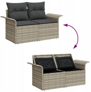 Zestaw sofas ogrodowych vidaXL 5 części z poduszkami Jasnoszary Rattan polietylenowy, Sofa ogrodowa 2-osobowa vidaXL z schowkiem i poduszkami Jasnoszary Rattan polietylenowy 9