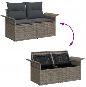 3-częściowy zestaw sof ogrodowych z poduszkami szary polirattan, Sofa dla dwóch osób z miejscem na przechowywanie i poduszkami szary polirattan 8