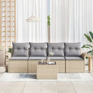 vidaXL Zestaw Sofy Ogrodowej 5 Części z Poduszkami Beżowy Polirattan, Sofa Ogrodowa dla 2 Osób z Przechowalnią i Poduszkami Beżowy Polirattan 2