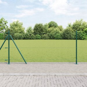 Zielone ogrodzenie vidaXL w kształcie sześciokąta 0,8x50 m ze stali, Słupki ogrodzeniowe vidaXL z podstawami 13 szt. 32mm 90cm stal ocynkowana 1