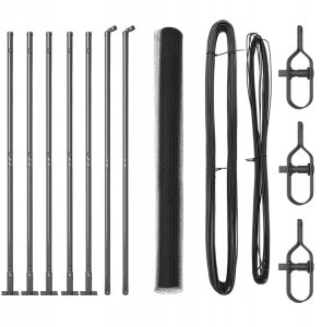 Szare ogrodzenie vidaXL heksagonalne 1.6x10 m ze stali, Słupki ogrodzeniowe vidaXL z podstawami 7 sztuk 32mm 88.5cm ze stali ocynkowanej 2