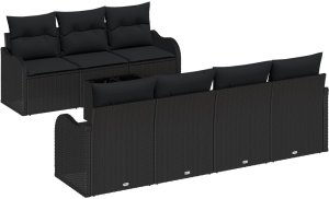 vidaXL Zestaw sof ogrodowych 8 elementów z poduszkami Czarny Polirattan, Sofa ogrodowa 2-osobowa z miejscem do przechowywania i poduszkami Czarny Polirattan 2