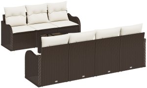 vidaXL Zestaw sof ogrodowych z poduszkami Brązowy Polirattan 8-częściowy, Sofa ogrodowa dla 2 osób z miejscem na przechowywanie i poduszkami Brązowy Polirattan 2