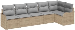 Zestaw 6-częściowy sofa ogrodowa z poduszkami, beżowy polirattan, Sofa ogrodowa 2-osobowa z przechowywaniem i poduszkami, beżowy polirattan 2