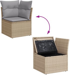 Zestaw 6-częściowy sofa ogrodowa z poduszkami, beżowy polirattan, Sofa ogrodowa 2-osobowa z przechowywaniem i poduszkami, beżowy polirattan 10