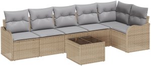 7-częściowy Zestaw Sofy Ogrodowej z Poduszkami Czarny Poli Rattan, 2-osobowa Sofa Ogrodowa z Schowkiem i Poduszkami Beżowa Poli Rattan 2