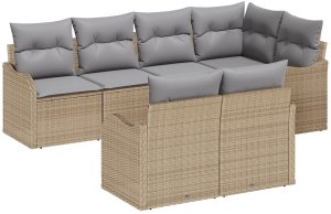 vidaXL 7 Częściowy Zestaw Sofy Ogrodowej z Poduszkami Beżowy Polirattan, 2-osobowa Sofa Ogrodowa ze Skrytką i Poduszkami Beżowy Polirattan 2