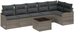 Zestaw 6-częściowy sofy ogrodowej z poduszkami Czarny Polirattan, Sofa ogrodowa 2-osobowa z przechowaniem i poduszkami Szary Polirattan 2